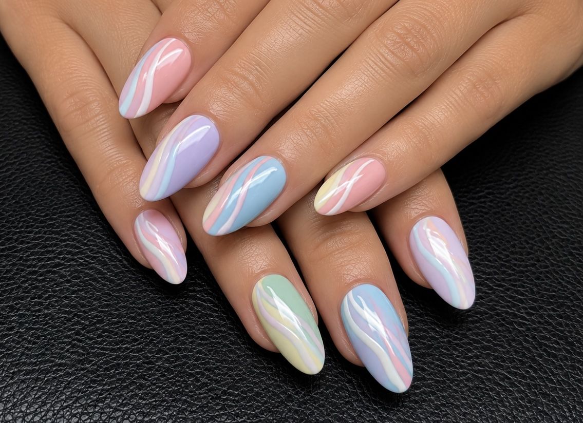 Amandelvormige nagels in pastelroze, lila, mint en blauw met witte swirl-lijnen